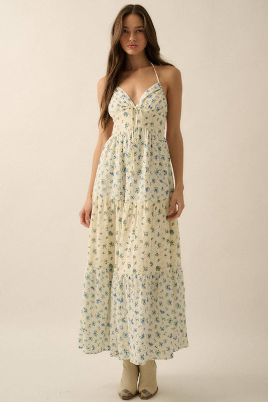 Floral Crinkle Cotton Colorblock Tiered Maxi Dress