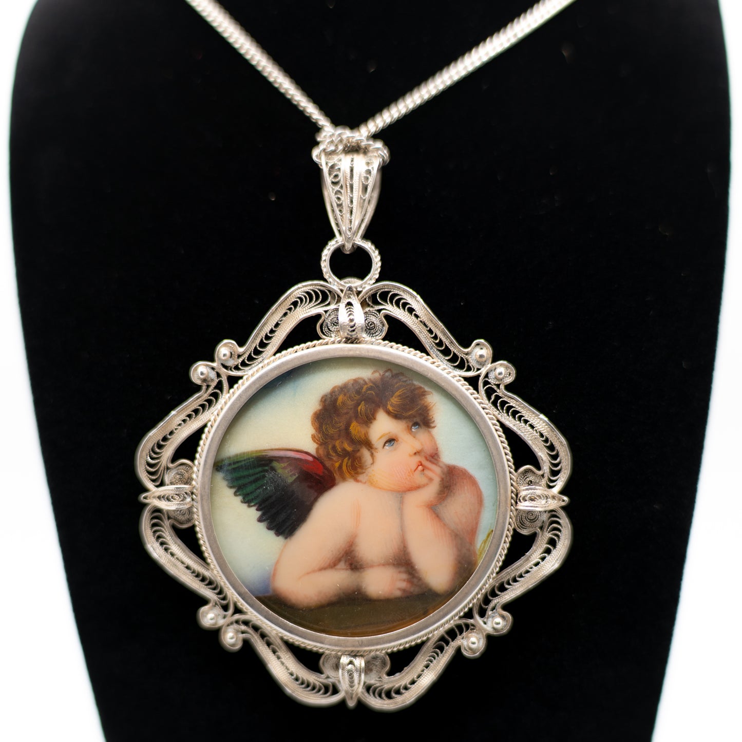Large Vintage Painted Angel Pendant in Ornate Filigree Sterling Silver – Boho Jewelry