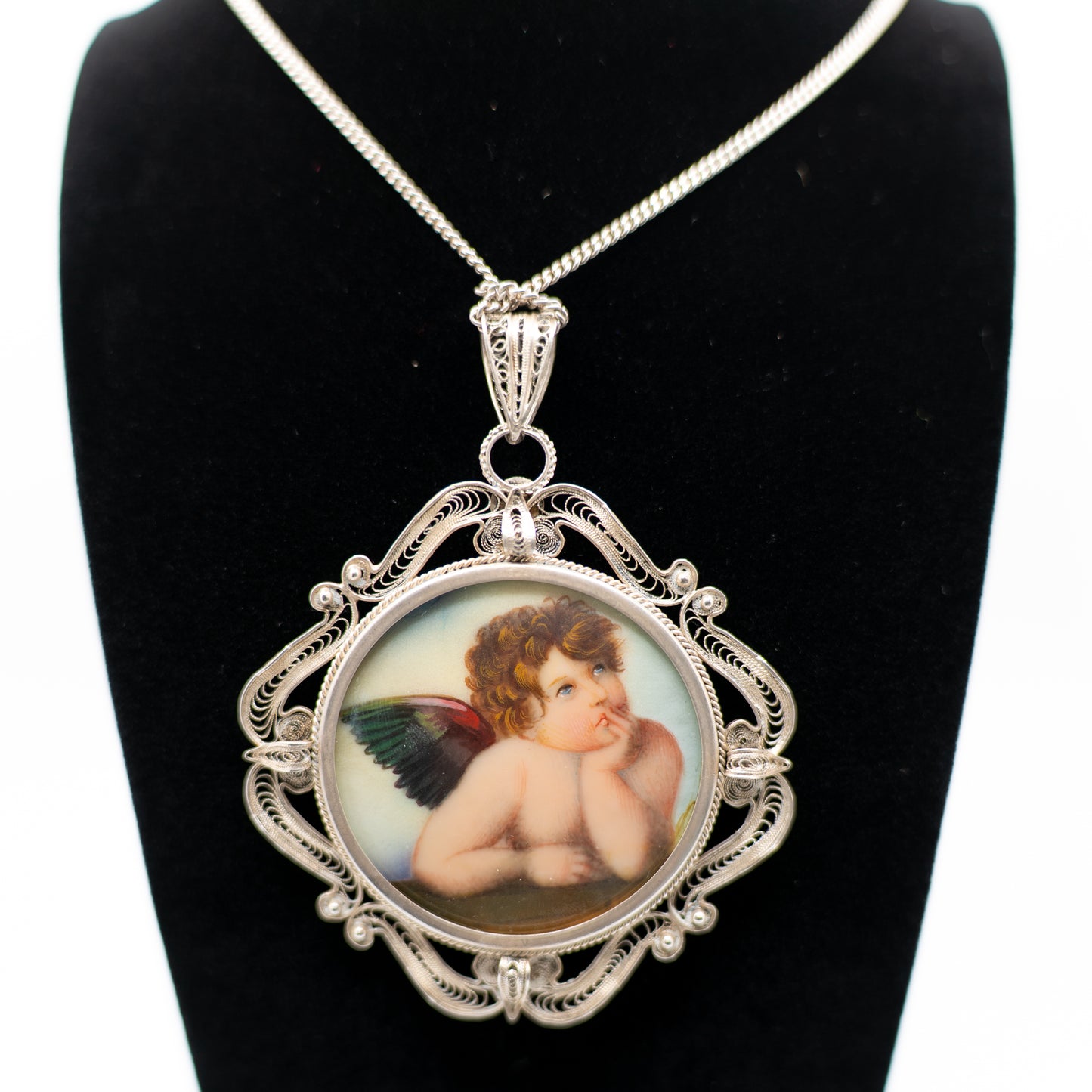 Large Vintage Painted Angel Pendant in Ornate Filigree Sterling Silver – Boho Jewelry