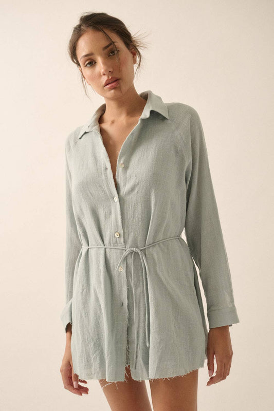 Crinkle Cotton Belted Button-Front Shirt Romper