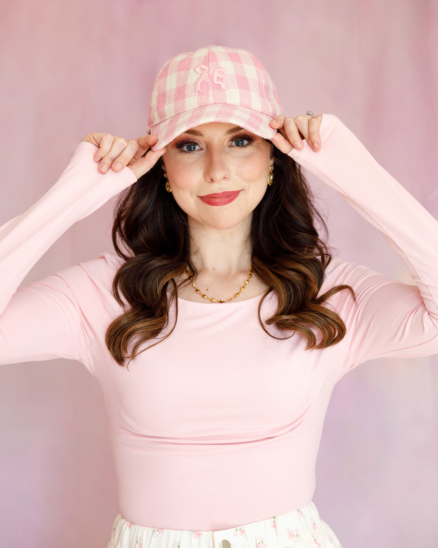 Pink Plaid Bow Embroidered Baseball Hat