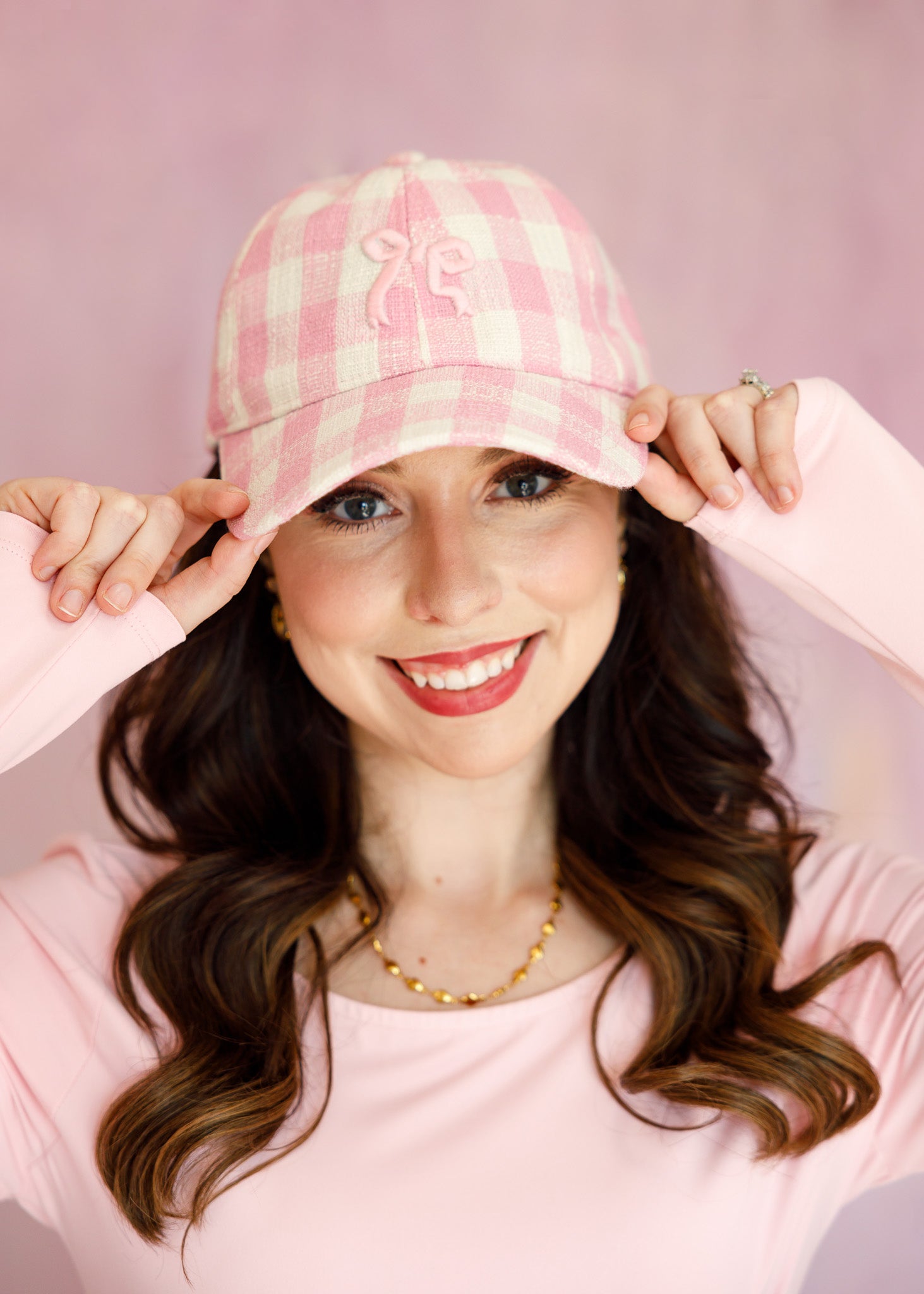 Pink Plaid Bow Embroidered Baseball Hat