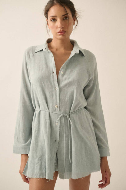 Crinkle Cotton Belted Button-Front Shirt Romper