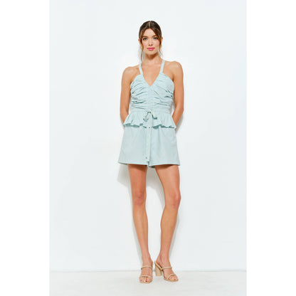 Crisscross Ruched Linen-Blend Romper