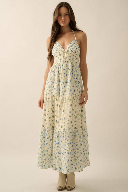 Floral Crinkle Cotton Colorblock Tiered Maxi Dress