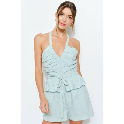 Crisscross Ruched Linen-Blend Romper