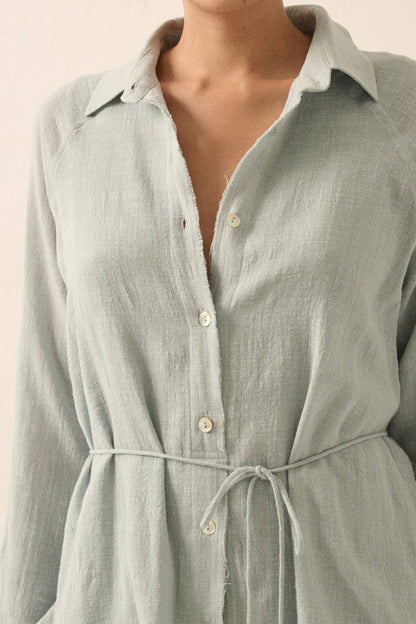 Crinkle Cotton Belted Button-Front Shirt Romper
