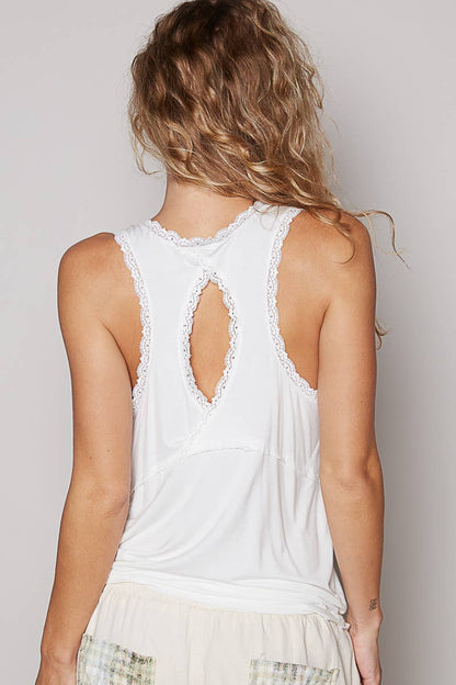 Scoop Neck Sleevleess Lace Trim Back Open Knit Top