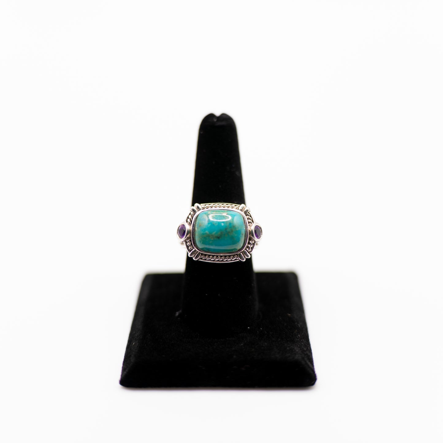 Vintage Estate Boho Ring – Sterling Silver Turquoise & Amethyst Statement Jewelry