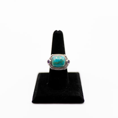 Vintage Estate Boho Ring – Sterling Silver Turquoise & Amethyst Statement Jewelry