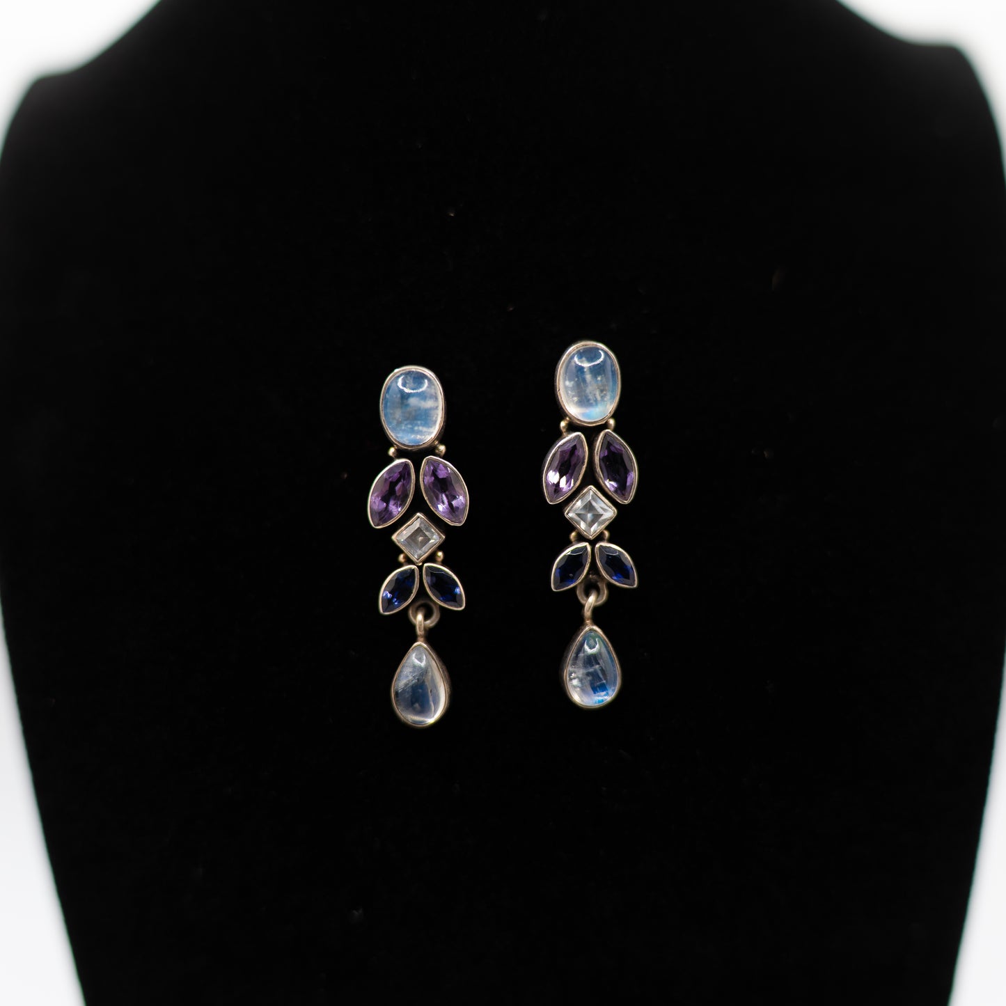 Estate Sterling Silver Dangle Drop Earrings with Amethyst & Labradorite Gemstones – Vintage Boho Jewelry
