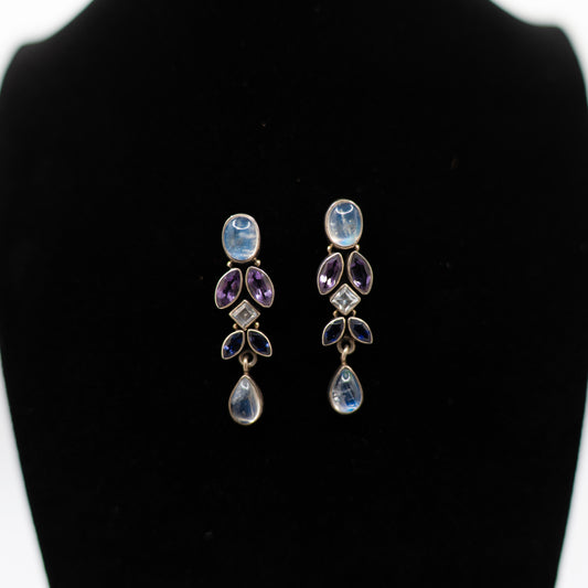 Estate Sterling Silver Dangle Drop Earrings with Amethyst & Labradorite Gemstones – Vintage Boho Jewelry