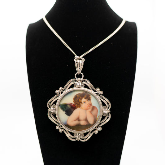 Large Vintage Painted Angel Pendant in Ornate Filigree Sterling Silver – Boho Jewelry
