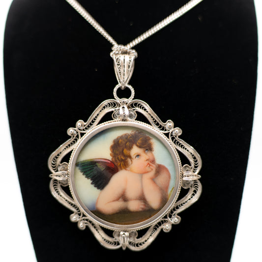 Large Vintage Painted Angel Pendant in Ornate Filigree Sterling Silver – Boho Jewelry