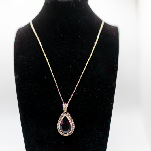 Sterling Silver Amethyst & Marcasite Teardrop Pendant Necklace – 18" 925 Chain – Vintage Gemstone Jewelry