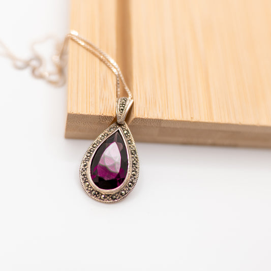 Sterling Silver Amethyst & Marcasite Teardrop Pendant Necklace – 18" 925 Chain – Vintage Gemstone Jewelry