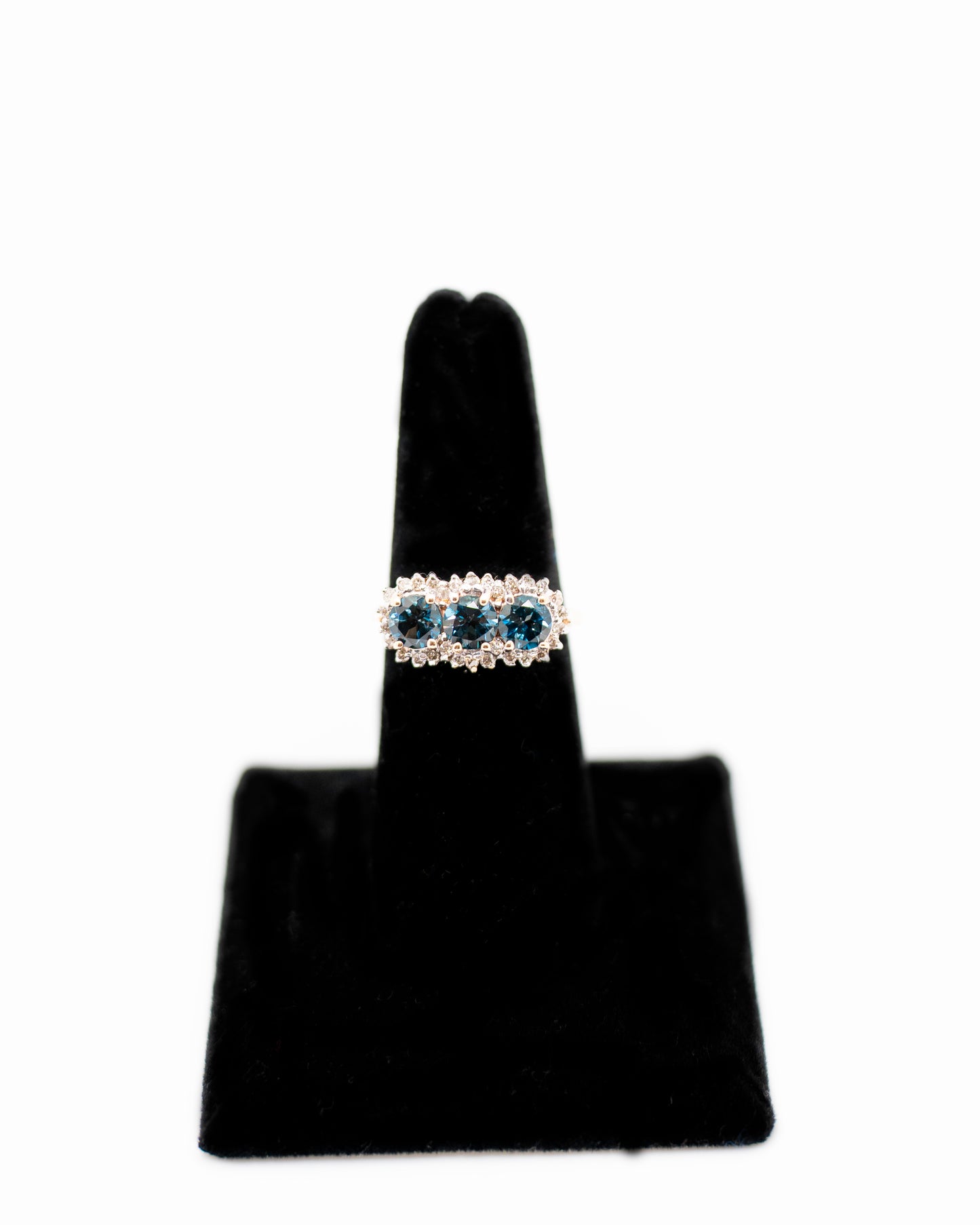 Vintage Three Stone Halo Blue Topaz Ring with Diamond Accents in Real 14k Gold