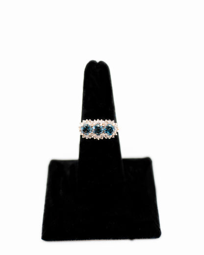 Vintage Three Stone Halo Blue Topaz Ring with Diamond Accents in Real 14k Gold