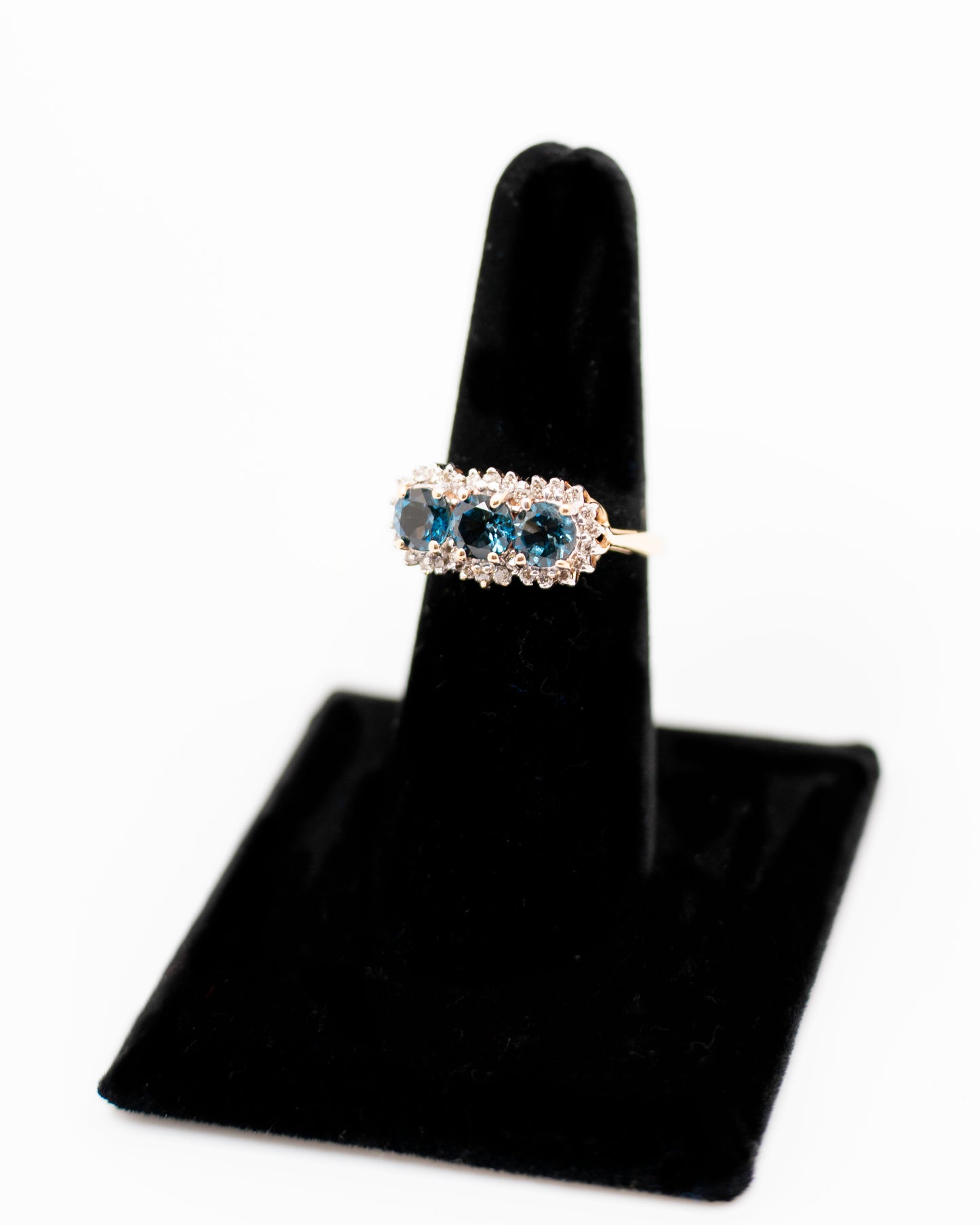 Vintage Three Stone Halo Blue Topaz Ring with Diamond Accents in Real 14k Gold