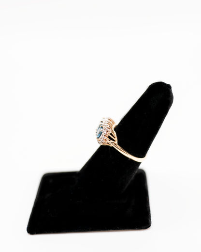 Vintage Three Stone Halo Blue Topaz Ring with Diamond Accents in Real 14k Gold
