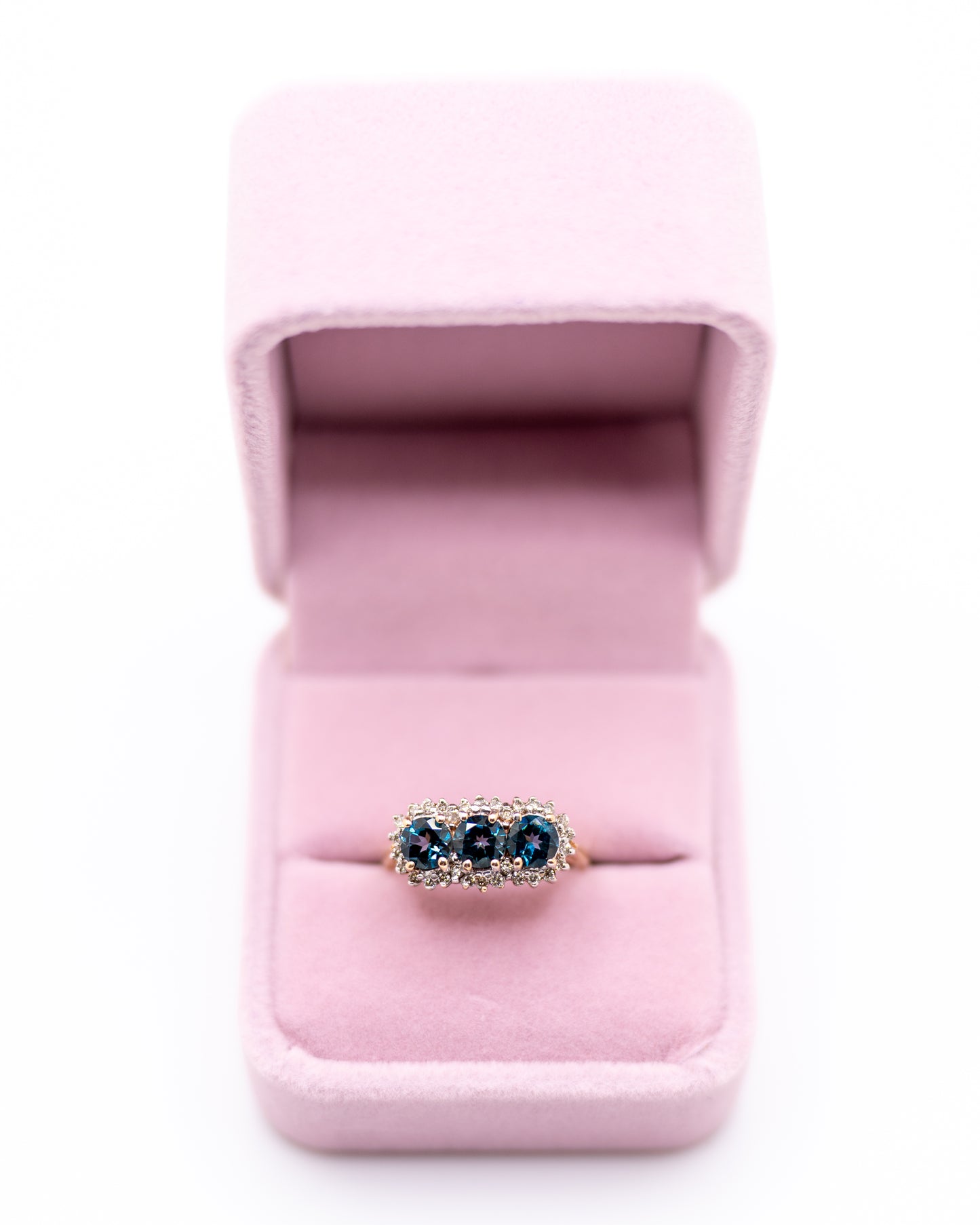 Vintage Three Stone Halo Blue Topaz Ring with Diamond Accents in Real 14k Gold