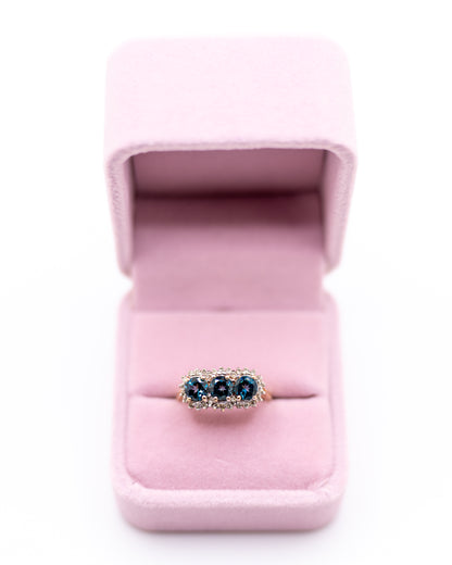 Vintage Three Stone Halo Blue Topaz Ring with Diamond Accents in Real 14k Gold