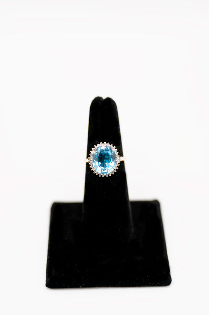 Vintage Oval 6ct Blue Topaz Diamond Halo 10k Gold Ring - Unique Engagement Ring