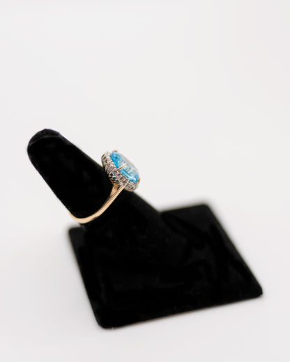 Vintage Oval 6ct Blue Topaz Diamond Halo 10k Gold Ring - Unique Engagement Ring