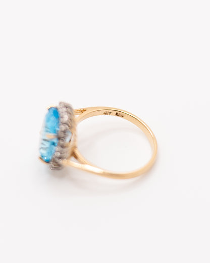 Vintage Oval 6ct Blue Topaz Diamond Halo 10k Gold Ring - Unique Engagement Ring