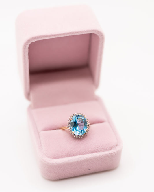 Vintage Oval 6ct Blue Topaz Diamond Halo 10k Gold Ring - Unique Engagement Ring