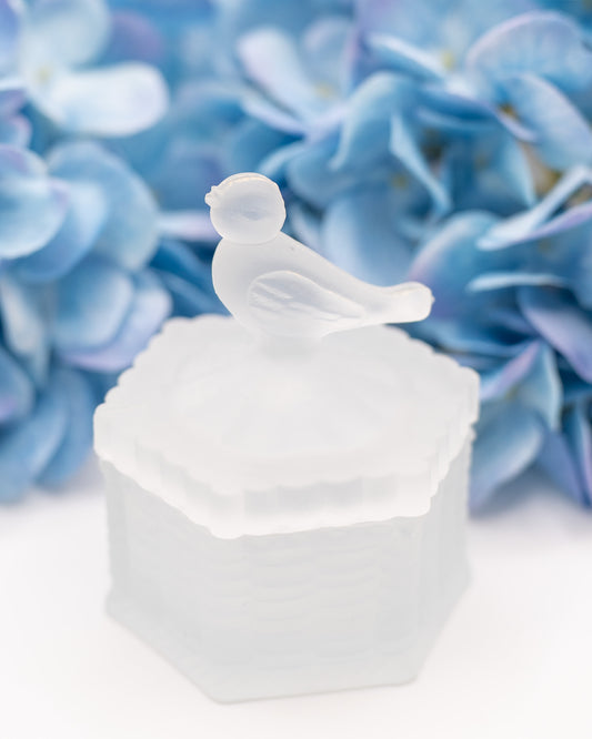 Vintage Bird on Woven Basket Frosted Glass Trinket Ring Box