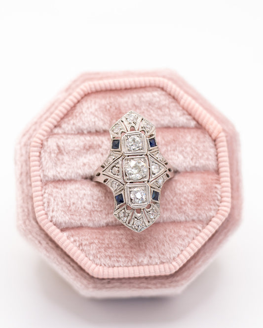 Art Deco Platinum Diamond and Sapphire Ring – Antique Fine Jewelry