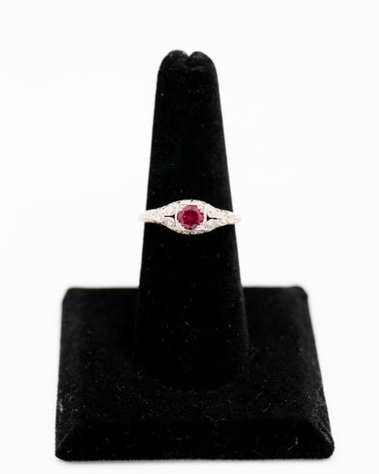 Art Deco Platinum Ring With Ruby And Diamond Gemstones - Unique Engagement Ring