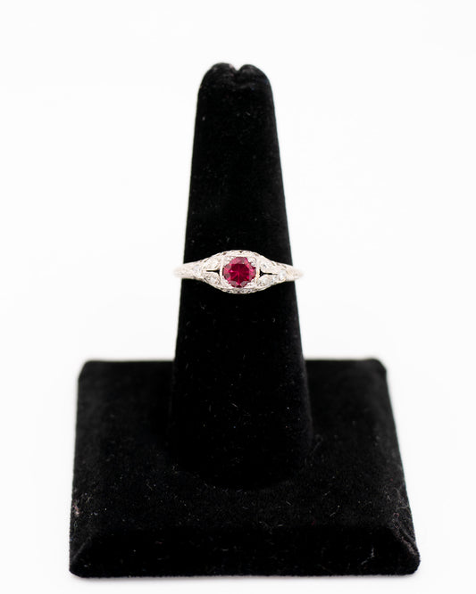 Art Deco Platinum Ring With Ruby And Diamond Gemstones - Unique Engagement Ring