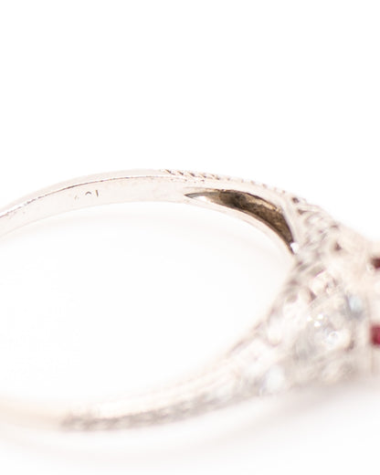 Art Deco Platinum Ring With Ruby And Diamond Gemstones - Unique Engagement Ring