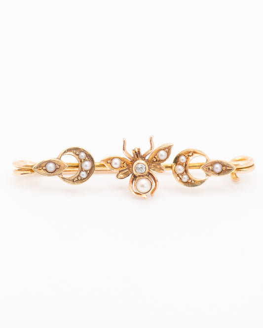 Art Nouveau Antique 16k Bee Brooch with Seed Pearls and Diamond