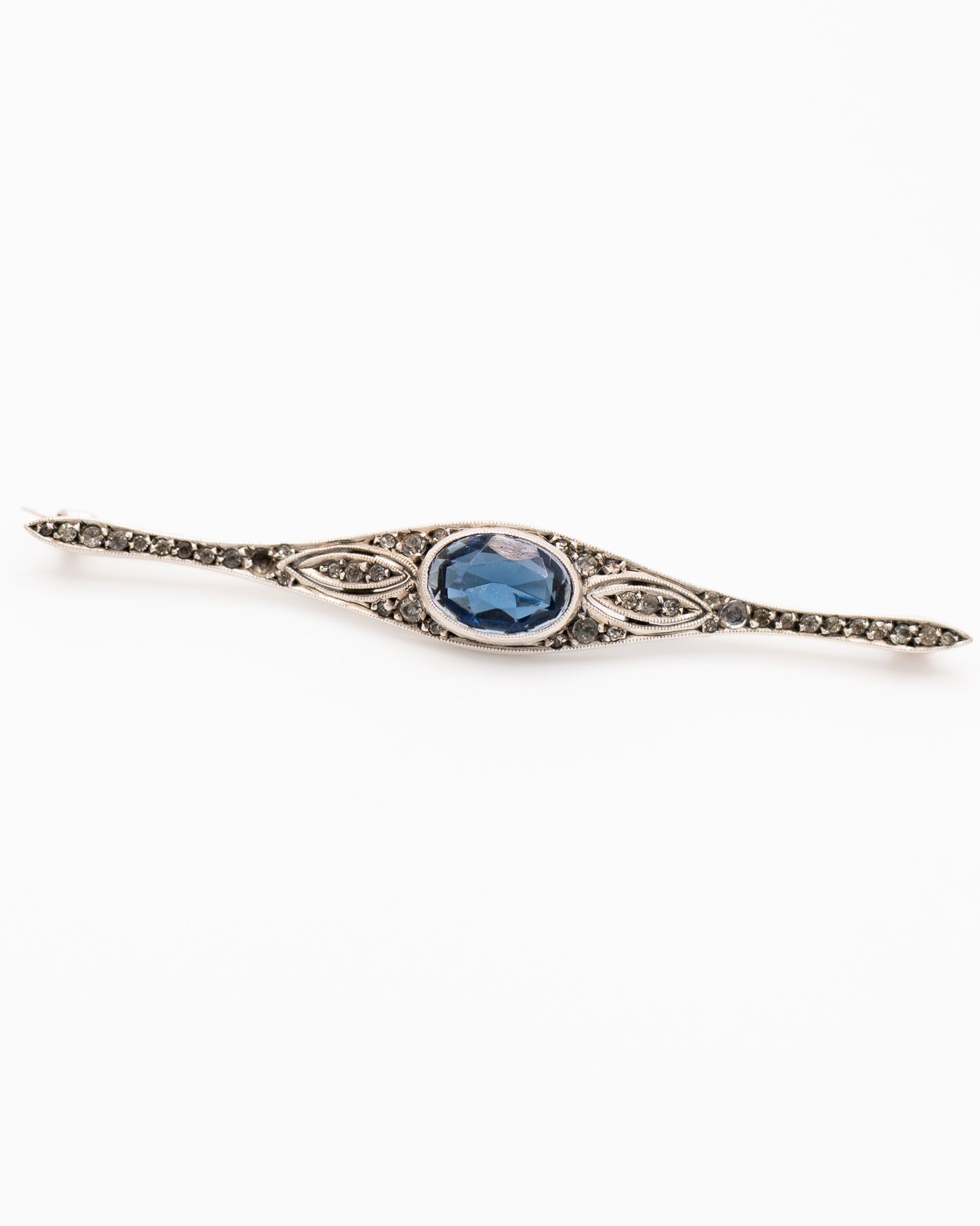 Antique Victorian Sterling Silver Bar Brooch with Blue Stone Accent