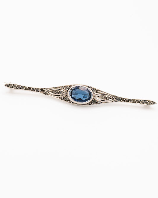 Antique Victorian Sterling Silver Bar Brooch with Blue Stone Accent