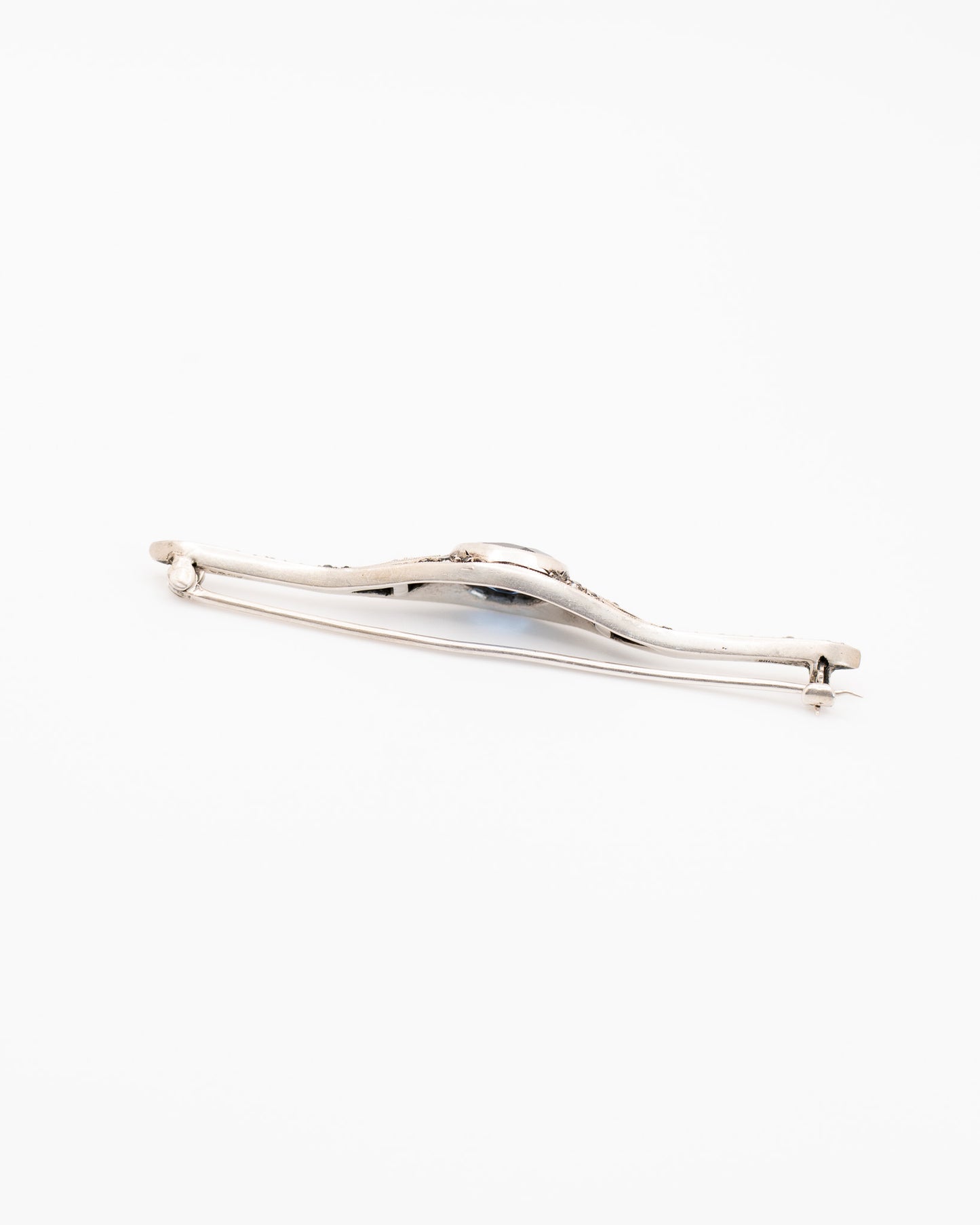 Antique Victorian Sterling Silver Bar Brooch with Blue Stone Accent