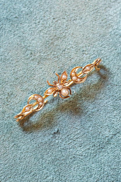 Art Nouveau Antique 16k Bee Brooch with Seed Pearls and Diamond
