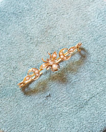 Art Nouveau Antique 16k Bee Brooch with Seed Pearls and Diamond