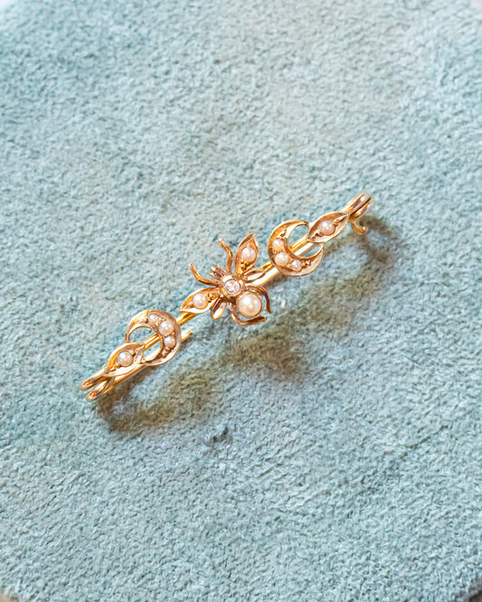 Art Nouveau Antique 16k Bee Brooch with Seed Pearls and Diamond