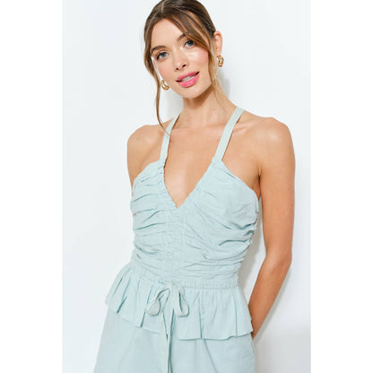 Crisscross Ruched Linen-Blend Romper