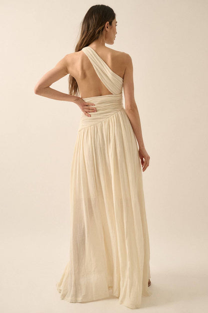 Textured Cotton One-Shoulder Gathered Maxi Dress