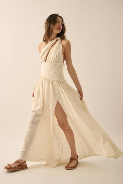 Textured Cotton One-Shoulder Gathered Maxi Dress