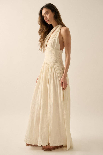 Textured Cotton One-Shoulder Gathered Maxi Dress
