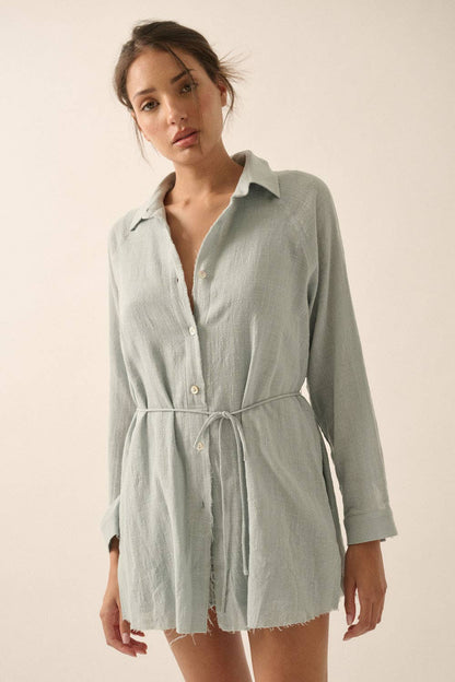 Crinkle Cotton Belted Button-Front Shirt Romper
