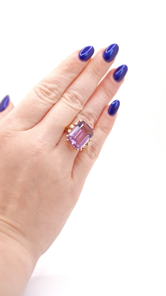 14k Huge Amethyst and Diamond Vintage Cocktail Ring