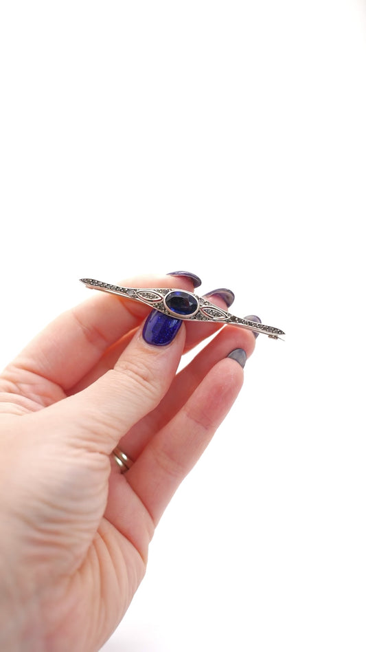 Antique Victorian Sterling Silver Bar Brooch with Blue Stone Accent