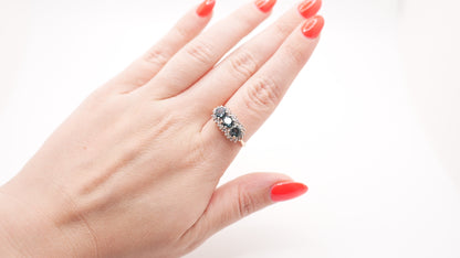 Vintage Three Stone Halo Blue Topaz Ring with Diamond Accents in Real 14k Gold